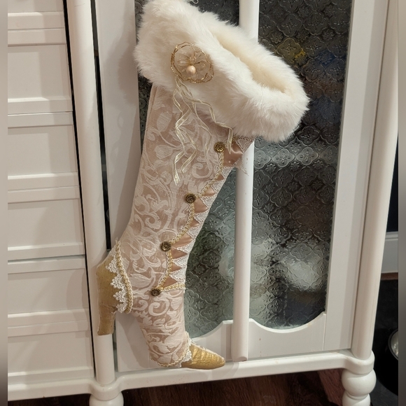 Luxury Ivory Gold Brocade High Heel Boot Christmas Stocking Faux Fur - Picture 2 of 7